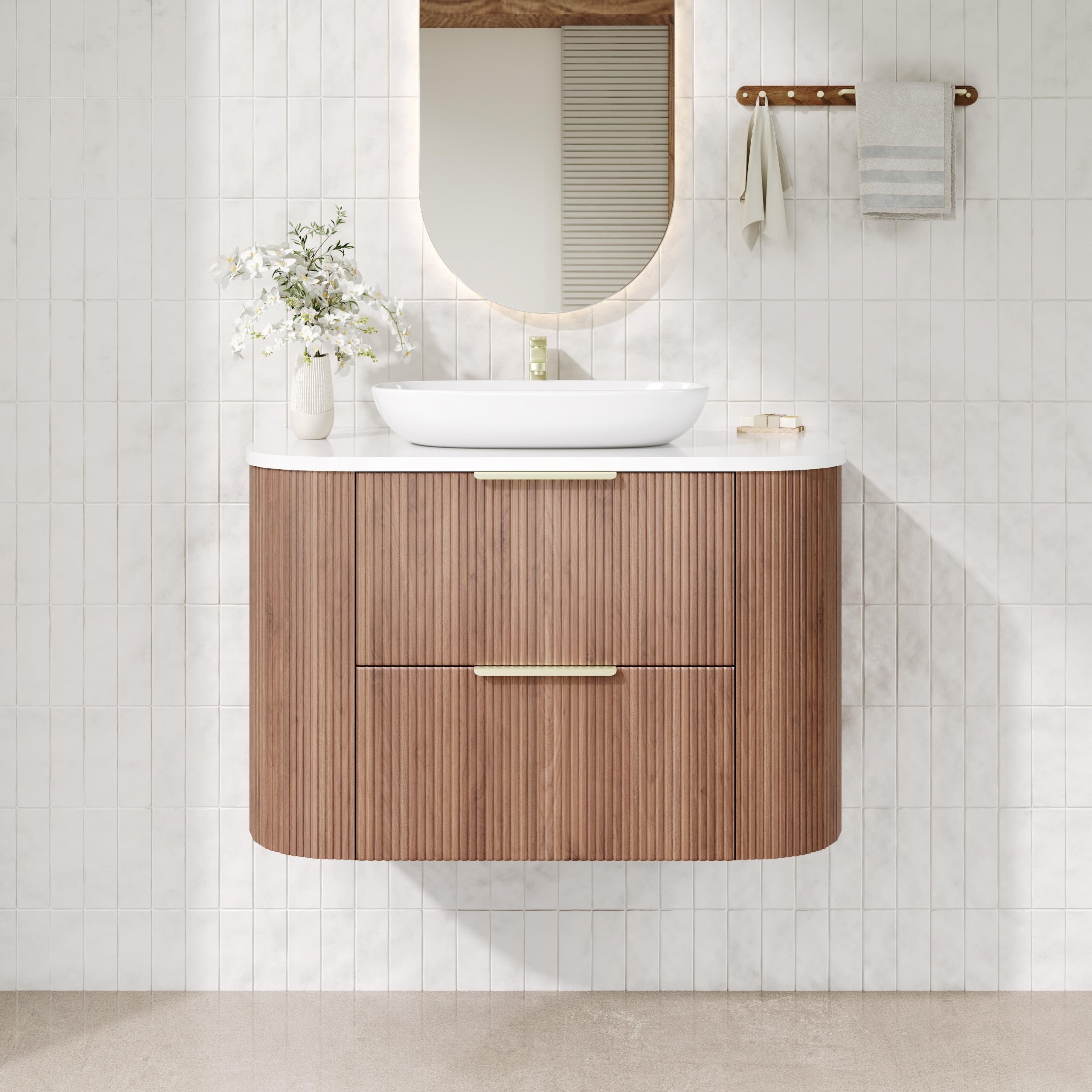 Artis PVC Fluted Curved Waterproof Double Drawer Wall Hung Bathroom Vanity Prime Oak
