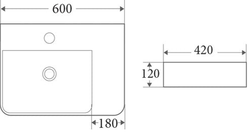 Gloss White Fine Ceramic Wall Hung Basin 600 x 420 x 120 mm