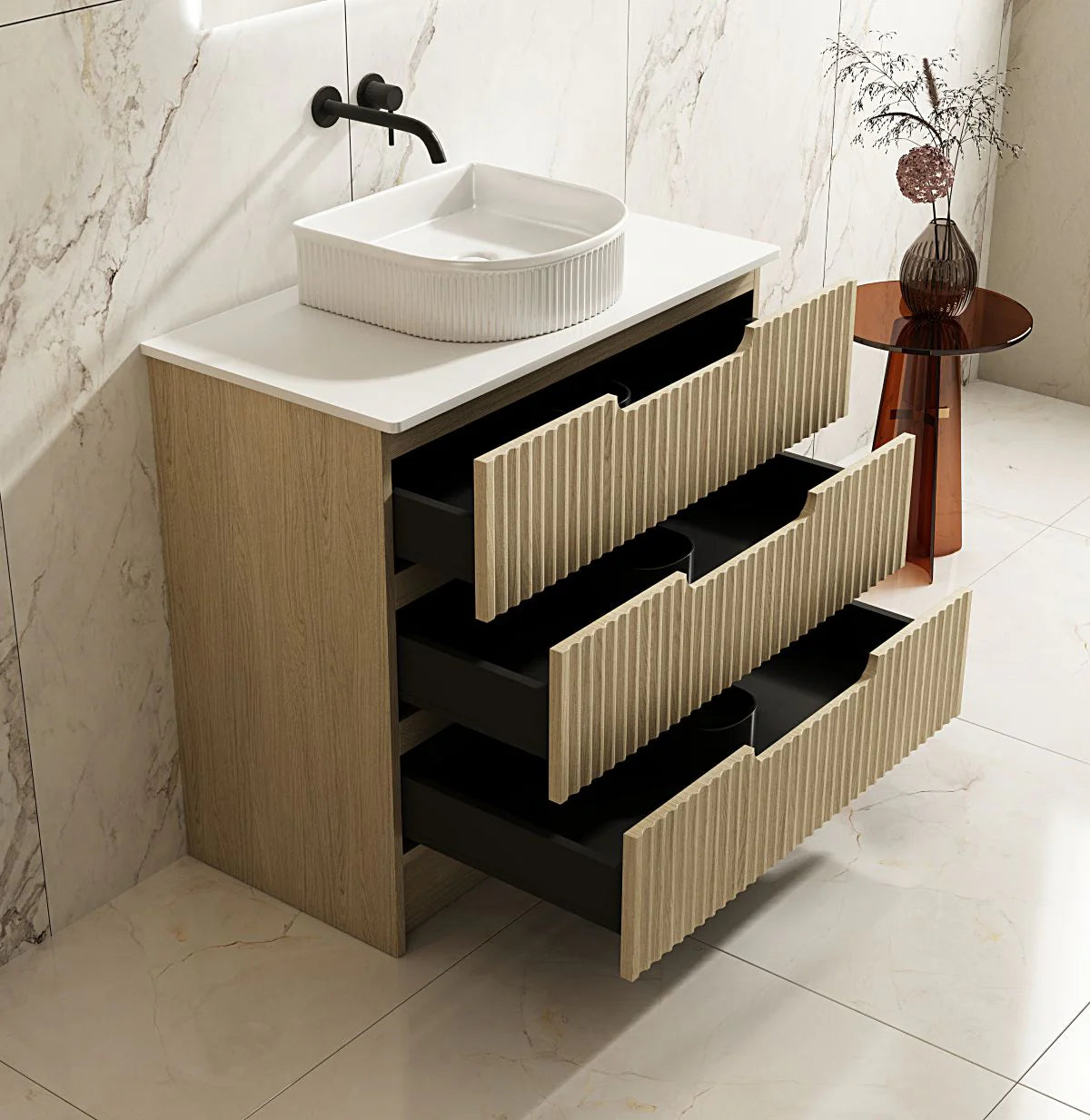 Rhea Fluted Freestanding Vanity Natural Oak