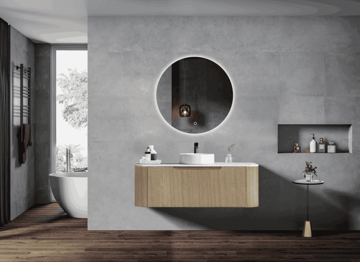 Fluted Rome Wall-hung Cabinet 1200mm Bur Oak - Living and Bathroom