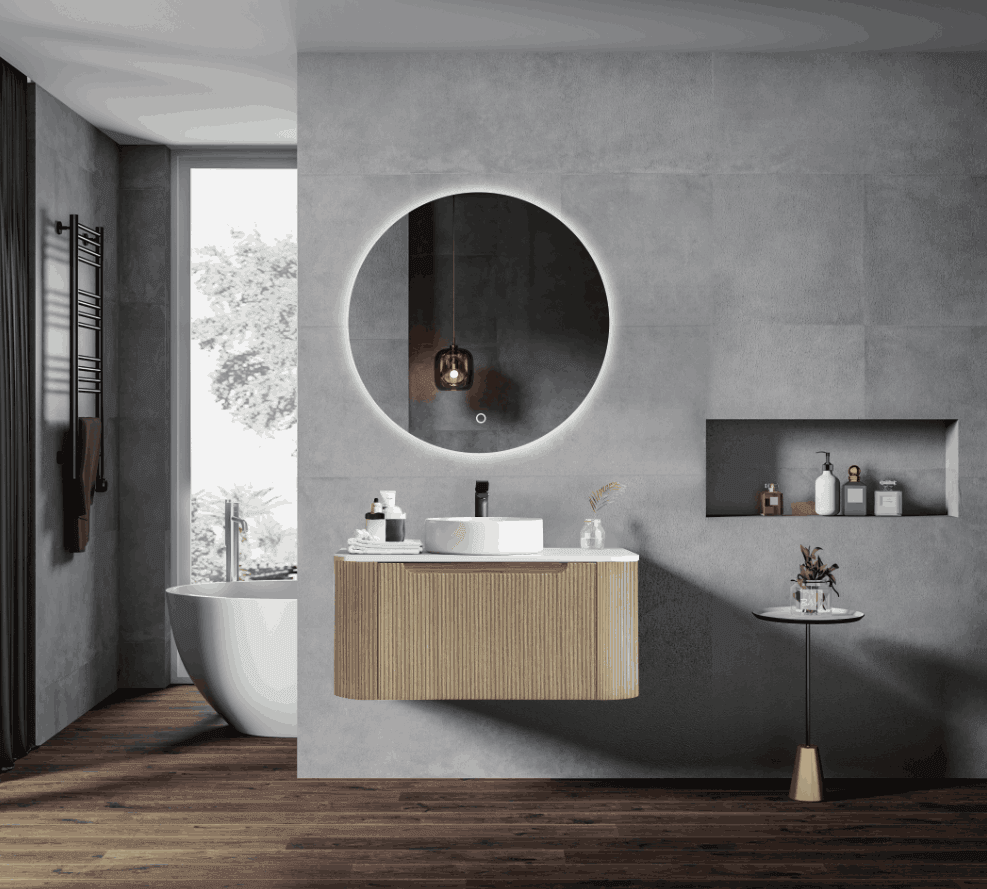 Fluted Rome Wall-hung Cabinet 900mm Bur Oak - Living and Bathroom