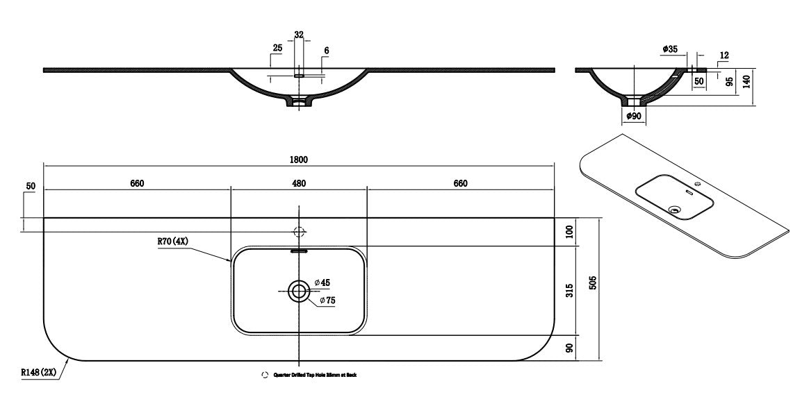 Solid Surface Curved Stone with integrated Basin Matte White