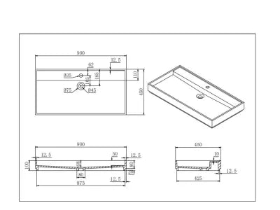 Crete Solid Surface Stone Wall Hung Basin 900x450x100 Matte White