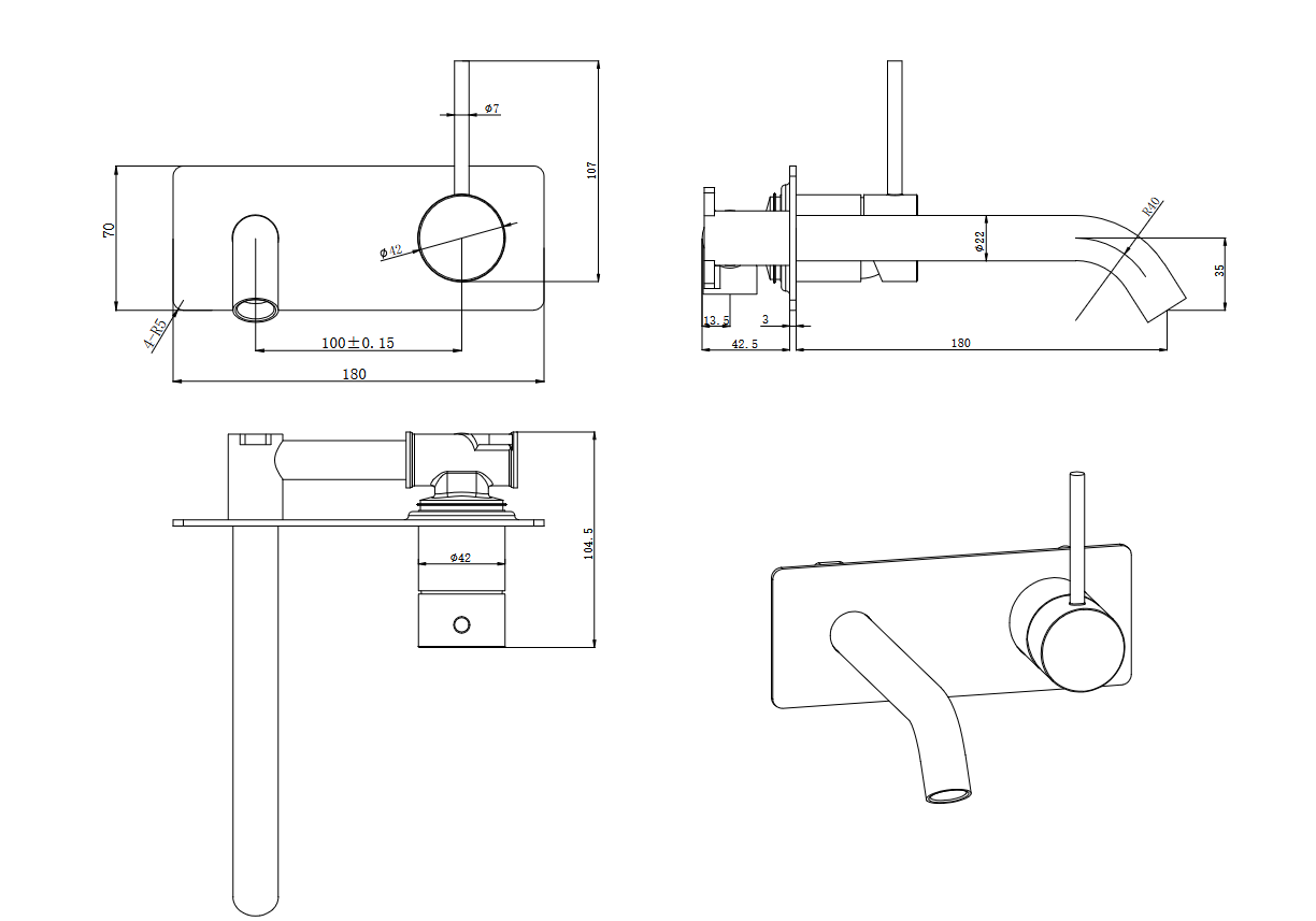 Otus Slimline Wall Basin/Bath Mixer Spout Lever Up Trim Kit
