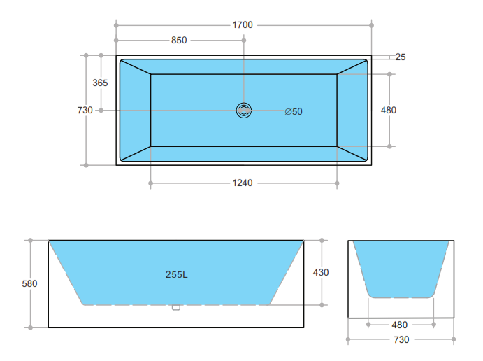 Theo Multifit Square Freestanding Bathtub (Available in 1000mm, 1200mm, 1400mm, 1500mm, 1600mm & 1700mm)