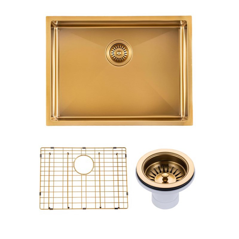 Round Corner Stainless Steel Brushed Brass PVD Coating Single Bowl Kitchen Sink(with Bottom Tray) 600*450*230mm