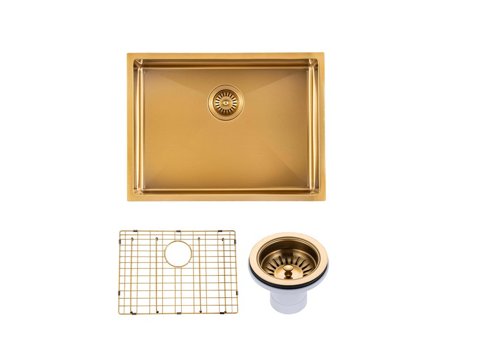 Round Corner Stainless Steel Brushed Brass PVD Coating Single Bowl Kitchen Sink(with Bottom Tray) 600*450*230mm