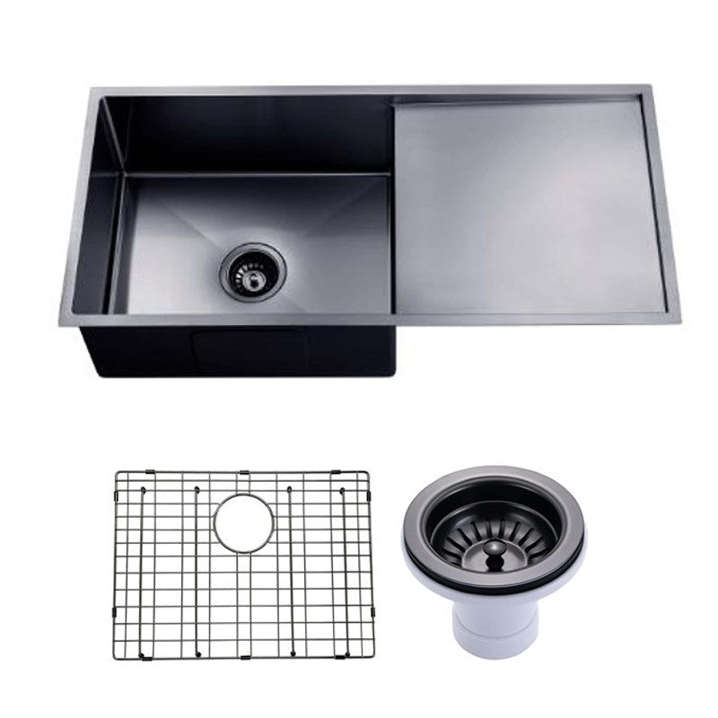 Round Corner Stainless Steel Gun Metal Grey PVD Coating Single Bowl with Drain Board Kitchen Sink(with Bottom Tray) 960*450*230mm