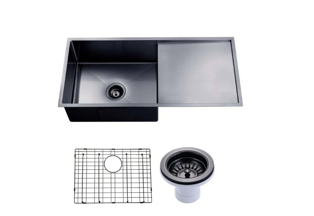 Round Corner Stainless Steel Gun Metal Grey PVD Coating Single Bowl with Drain Board Kitchen Sink(with Bottom Tray) 960*450*230mm