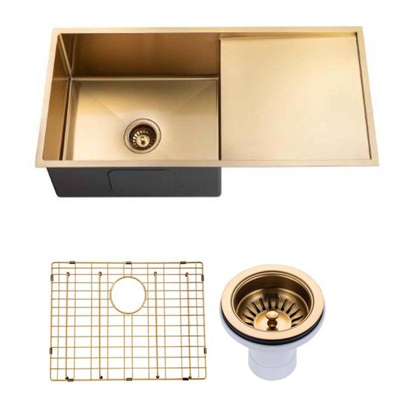 Round Corner Stainless Steel Brushed Brass PVD Coating Single Bowl with Drain Board Kitchen Sink(with Bottom Tray) 960*450*230mm