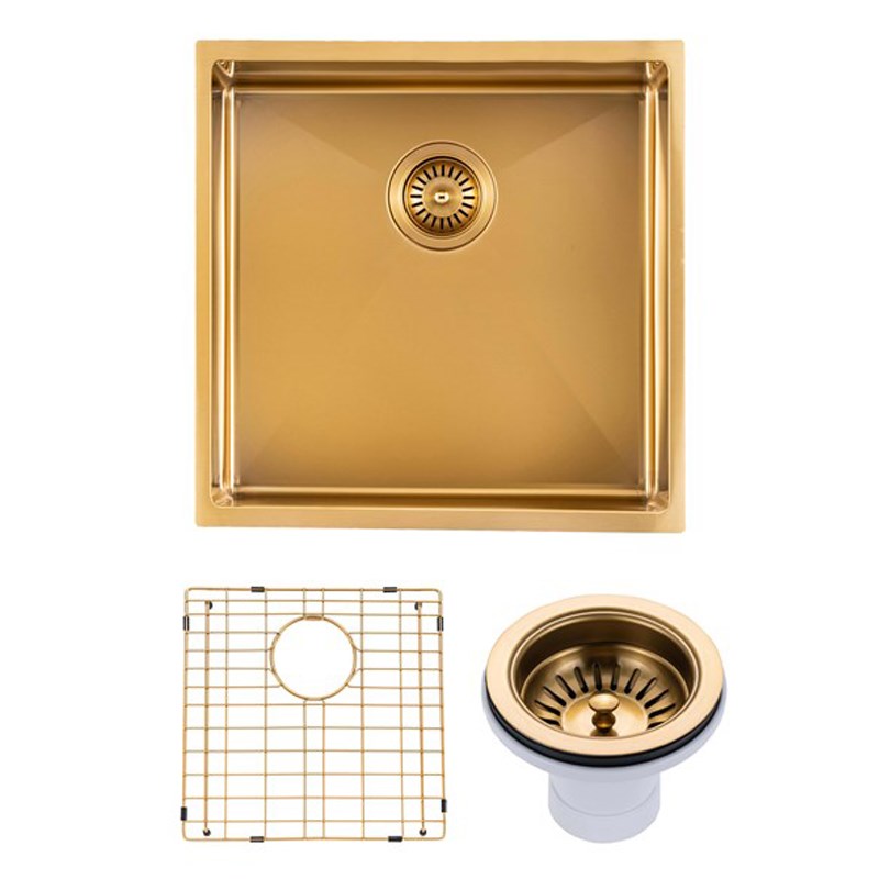 Round Corner Stainless Steel Brushed Brass PVD Coating Single Bowl Kitchen Sink(with Bottom Tray) 440*440*205mm
