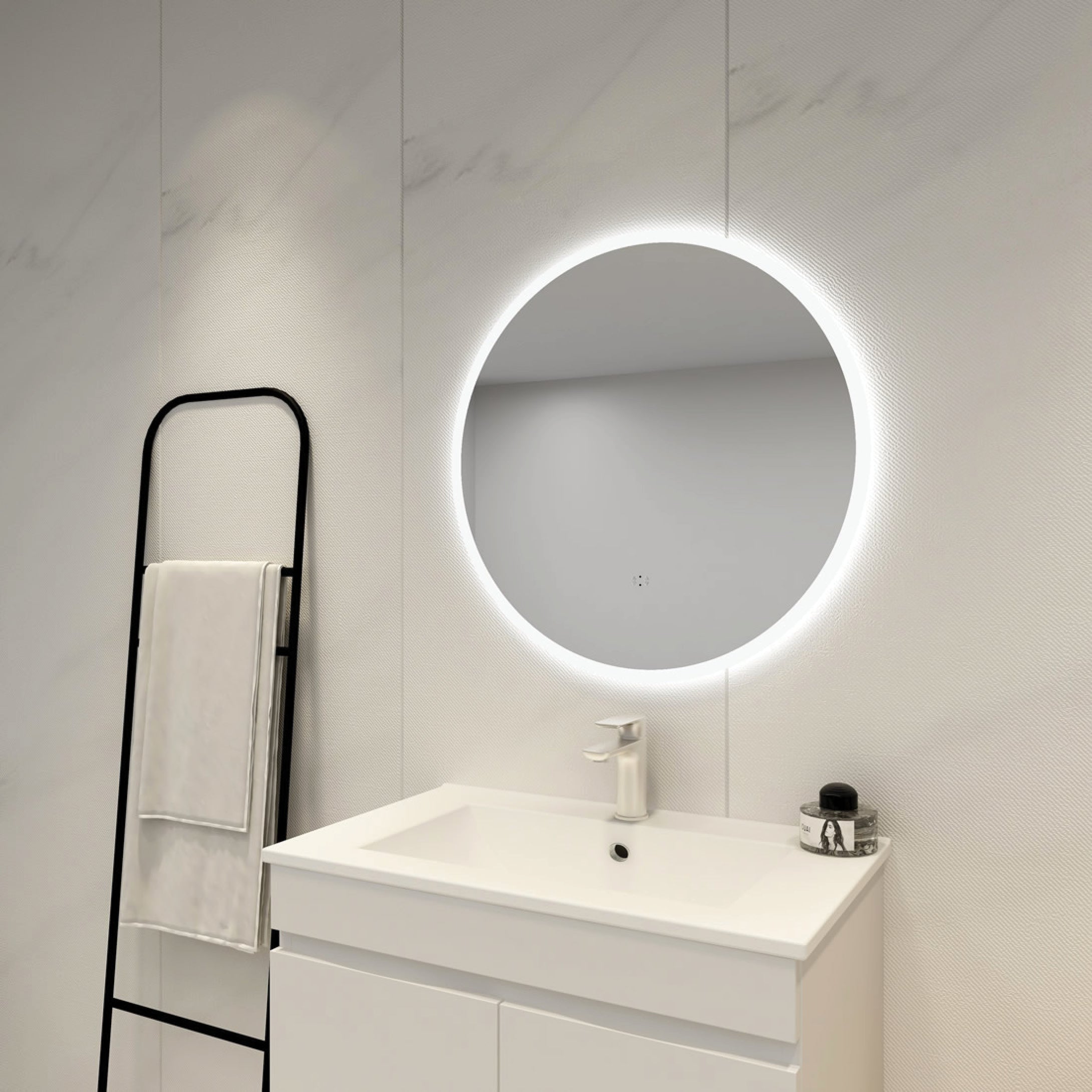 Luna Round Frameless LED Mirror With Acrylic Strip