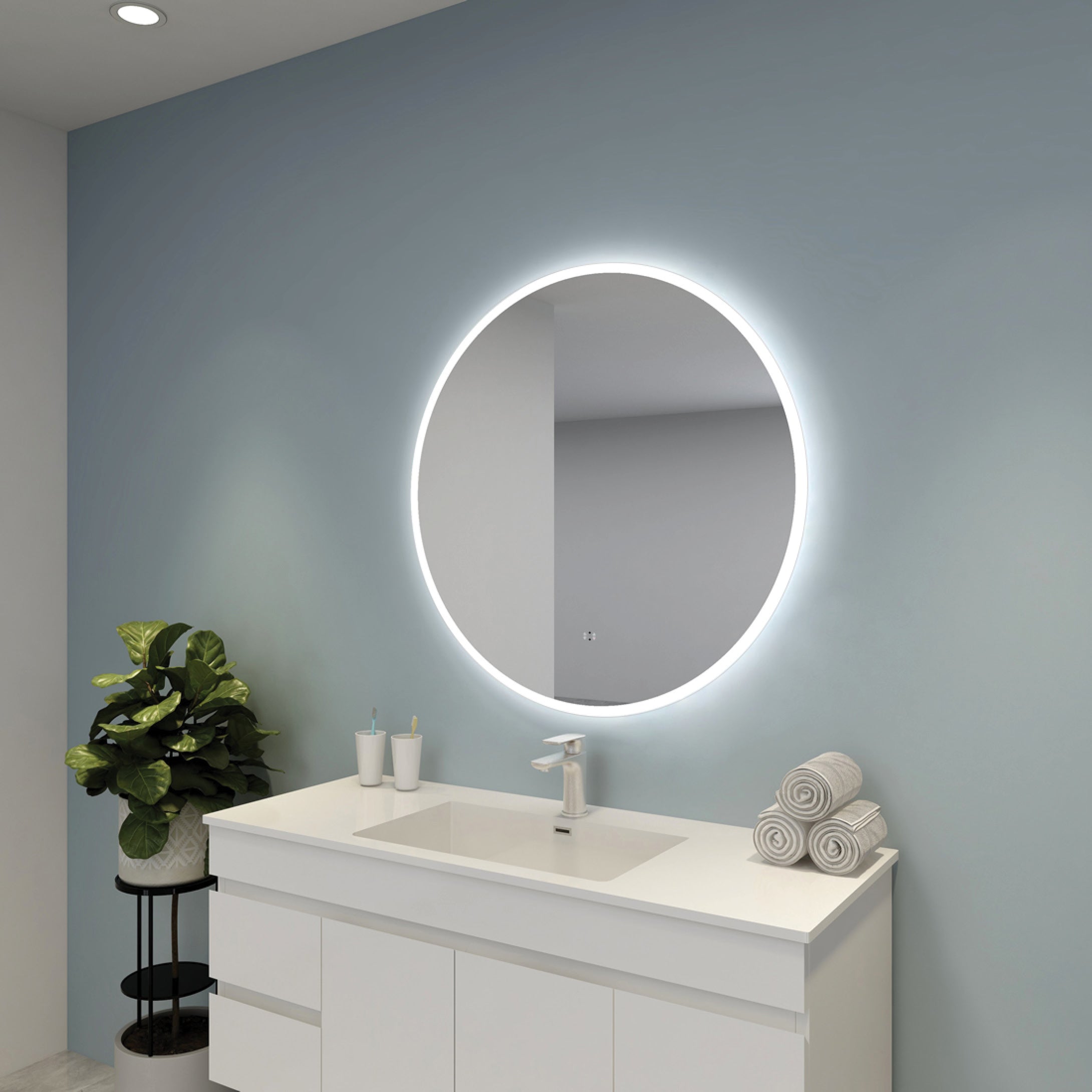 Luna Round Frameless LED Mirror With Acrylic Strip