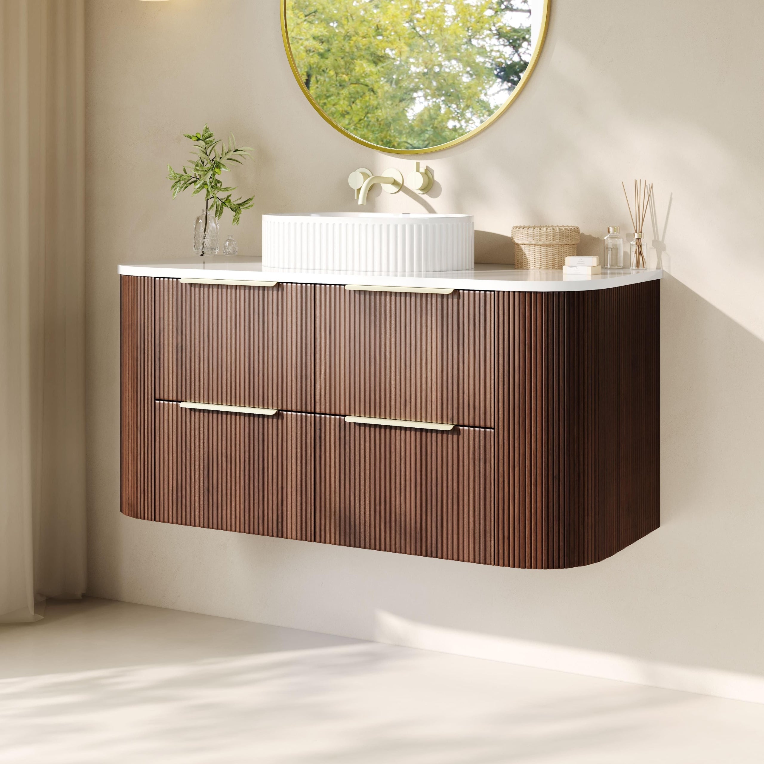 Artis PVC Fluted Curved Waterproof Double Drawer Wall Hung Bathroom Vanity Walnut
