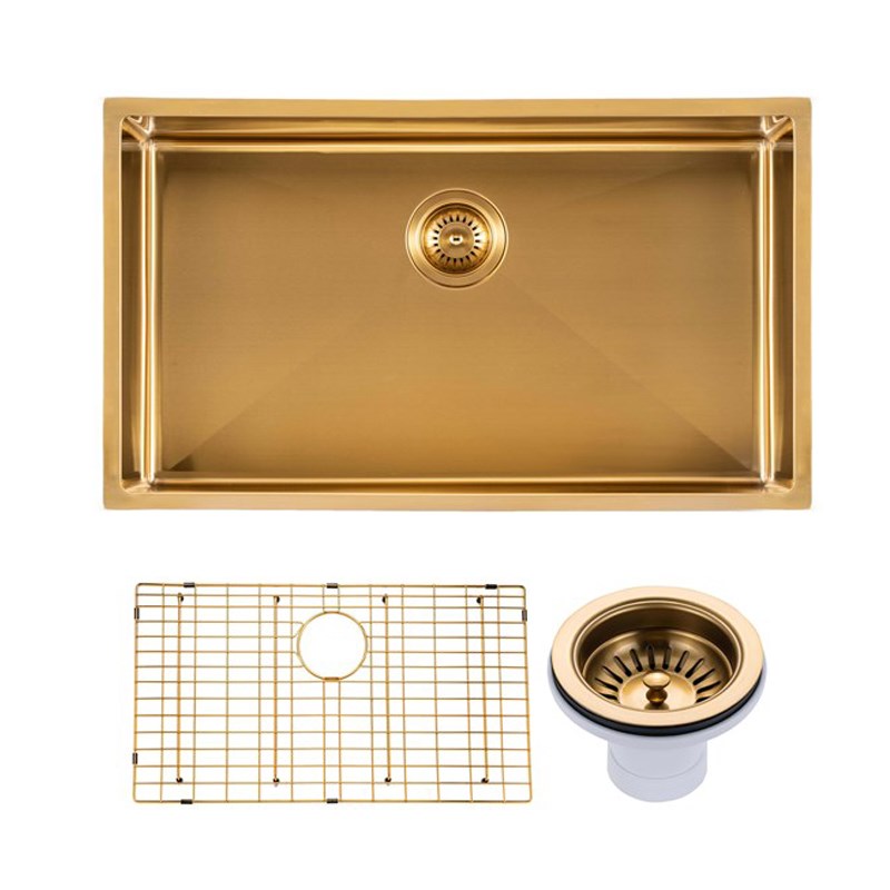 Round Corner Stainless Steel Brushed Brass PVD Coating Single Bowl Kitchen Sink(with Bottom Tray) 762*457*254mm