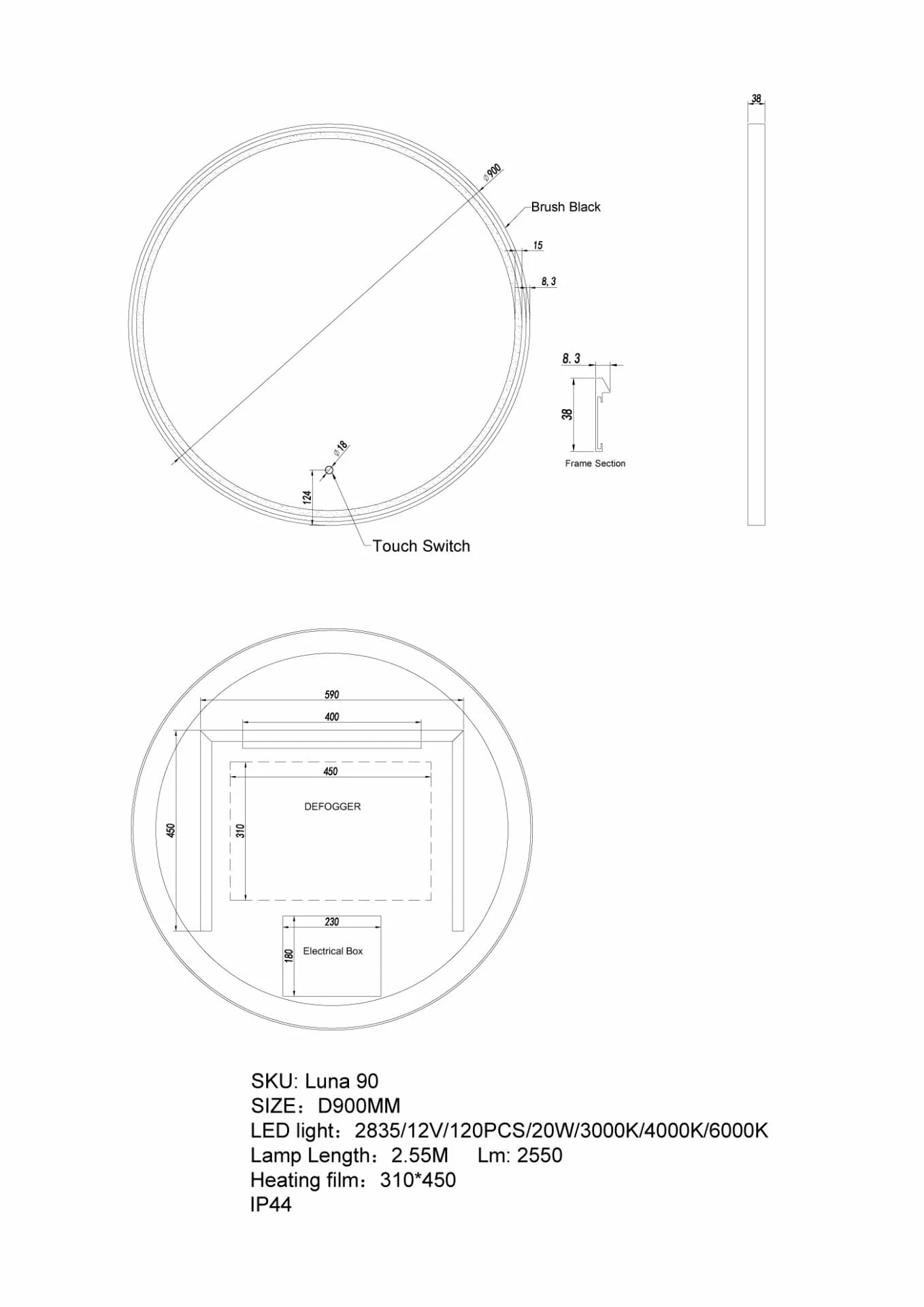 900*38mm 3 Lighting Options controlled with Touch Sensor Switch Frontlit Matte Black Aluminium Frame LED Lighting Dressing Mirror