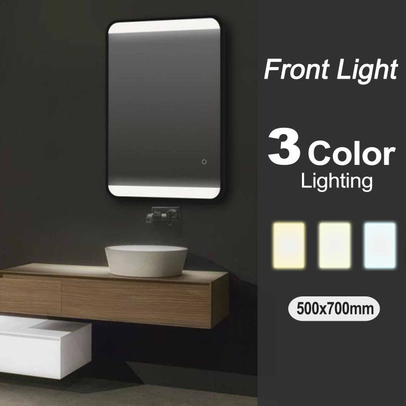 500*700mm Frosted Edge Black Aluminum Framed Frontlit 3 Color Lighting LED Mirror Touch Sensor Switch Wall Mounted Vertical or Horizontal