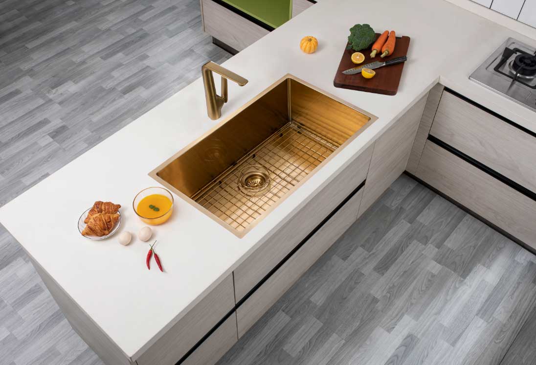 Round Corner Stainless Steel Brushed Brass PVD Coating Single Bowl Kitchen Sink(with Bottom Tray) 762*457*254mm