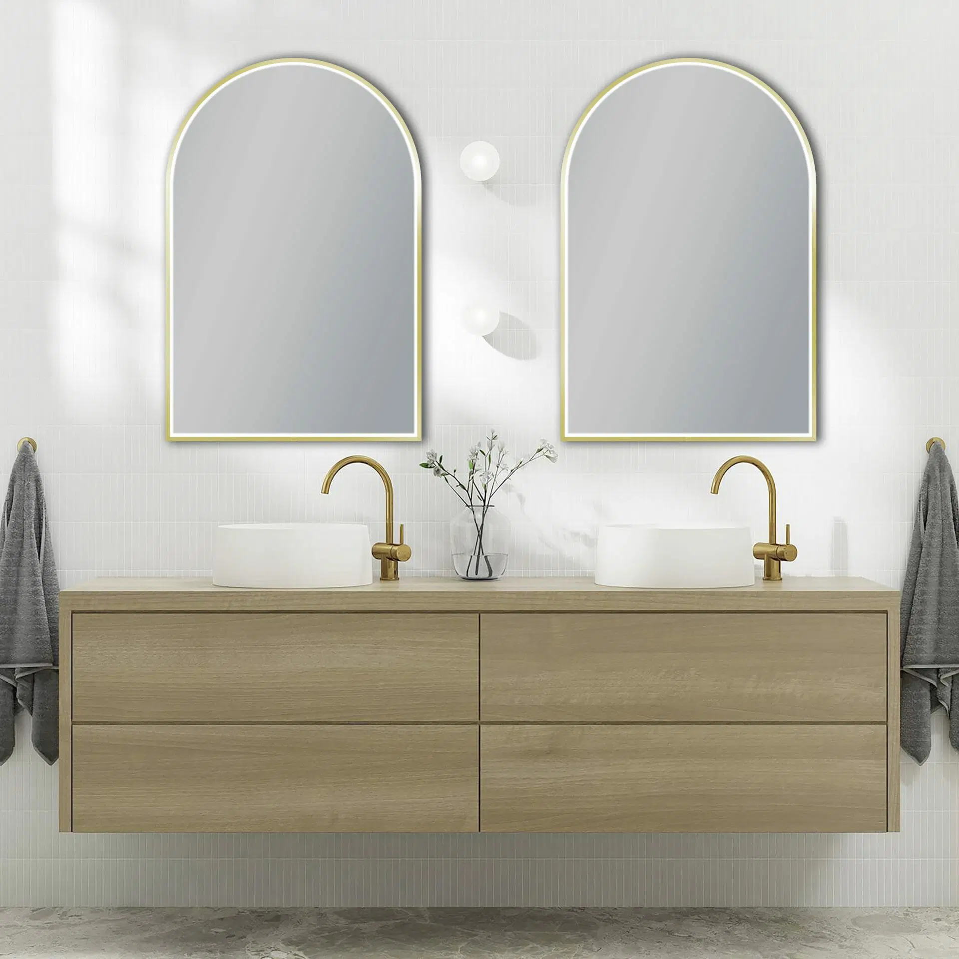 600*900mm Arch 3 Color Lighting Brushed Gold Aluminum Framed Front Hidden LED Mirror with Touch Sensor Switch