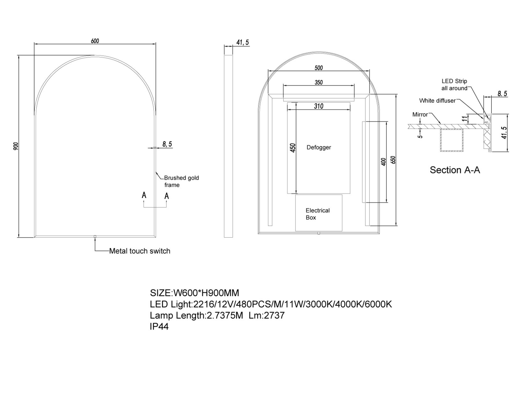 600*900mm Arch 3 Color Lighting Brushed Gold Aluminum Framed Front Hidden LED Mirror with Touch Sensor Switch