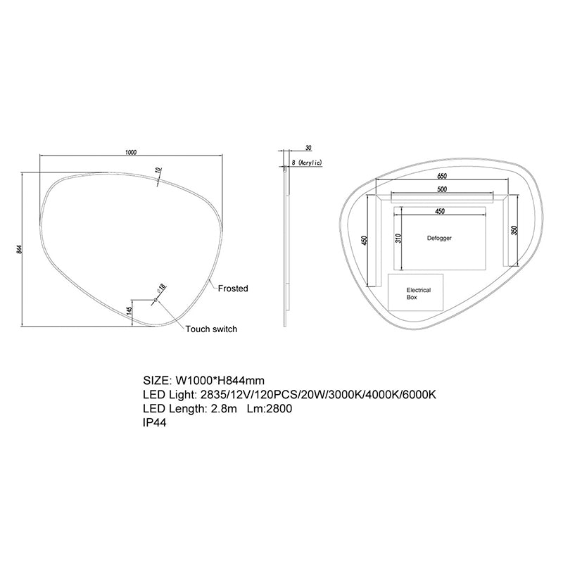 1000*844mm 3 Color Lighting Front & Backlit Asymmetrical Acrylic LED Mirror Touch Sensor Switch
