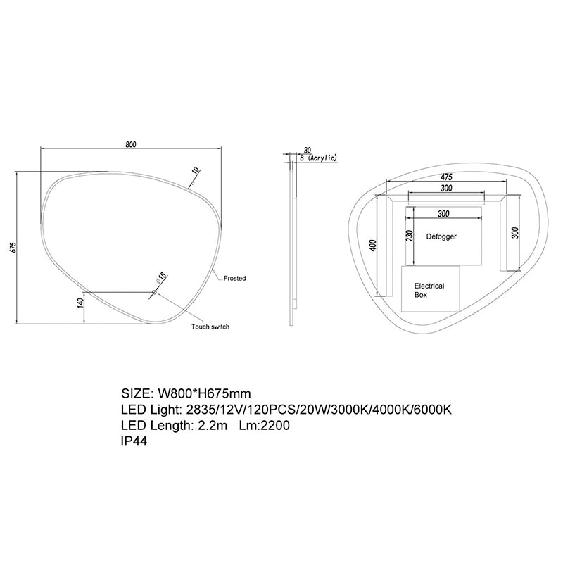 800*675mm 3 Color Lighting Front & Backlit Asymmetrical Acrylic LED Mirror Touch Sensor Switch