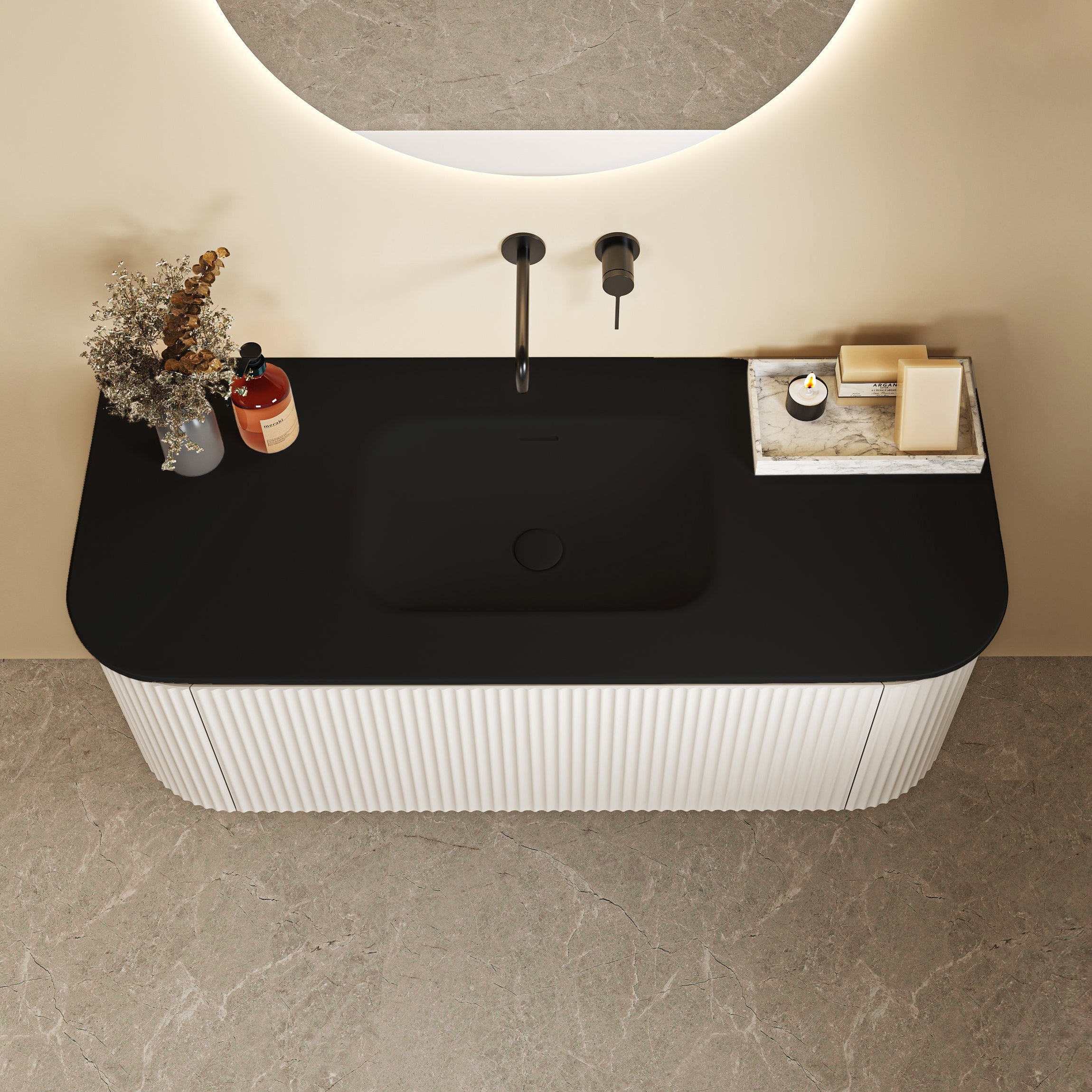 Solid Surface Curved Stone with integrated Basin Matte Black