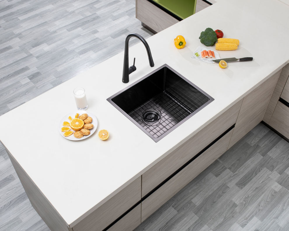 Round Corner Stainless Steel Gun Metal Grey PVD Coating Single Bowl Kitchen Sink(with Bottom Tray) 510*450*230mm