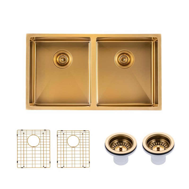 Round Corner Stainless Steel Brushed Brass PVD Coating Double Bowl Kitchen Sink(with Bottom Tray) 770*450*215mm