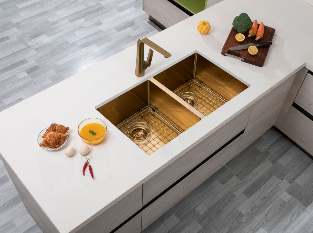 Round Corner Stainless Steel Brushed Brass PVD Coating Double Bowl Kitchen Sink(with Bottom Tray) 770*450*215mm