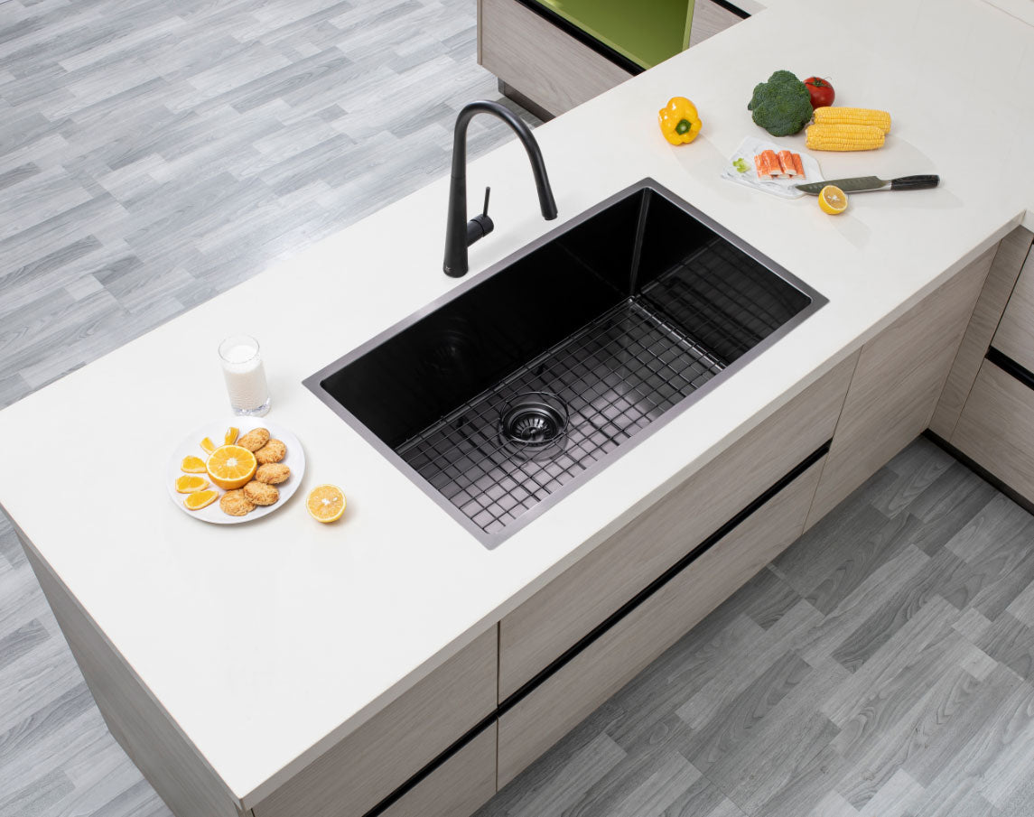 Round Corner Stainless Steel Gun Metal Grey PVD Coating Single Bowl Kitchen Sink(with Bottom Tray) 762*457*254mm