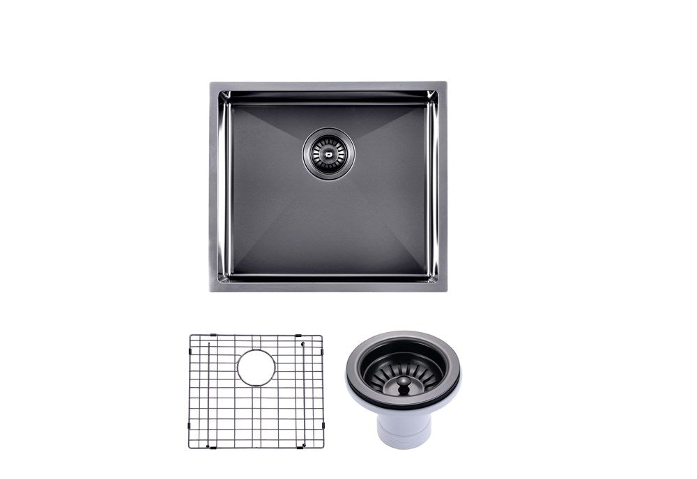 Round Corner Stainless Steel Gun Metal Grey PVD Coating Single Bowl Kitchen Sink(with Bottom Tray) 510*450*230mm
