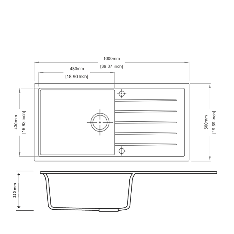 Black Carysil Vivaldi D-100L Granite Single Bowl with Drain Board Stone Kitchen Sink 1000*500mm