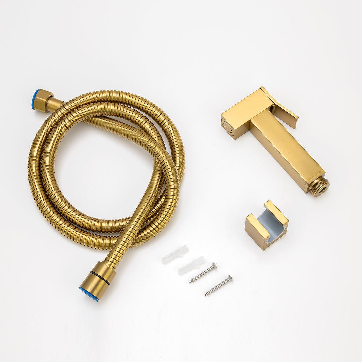 Square Brushed Brass Brass Toilet Bidet Spray Kit with Stainless Steel Hose - Living and Bathroom