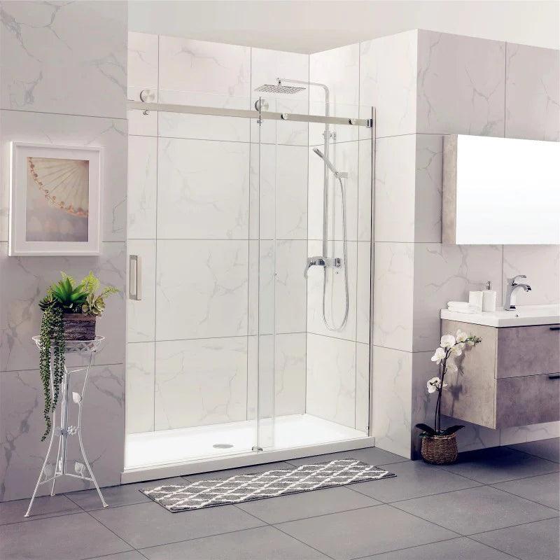 Frameless Adjustable Wall to Wall Sliding Shower Screen Brushed Nickel - Living and Bathroom
