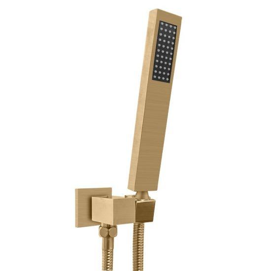 Square Brushed Brass Shower Rail with Handheld Shower - Living and Bathroom