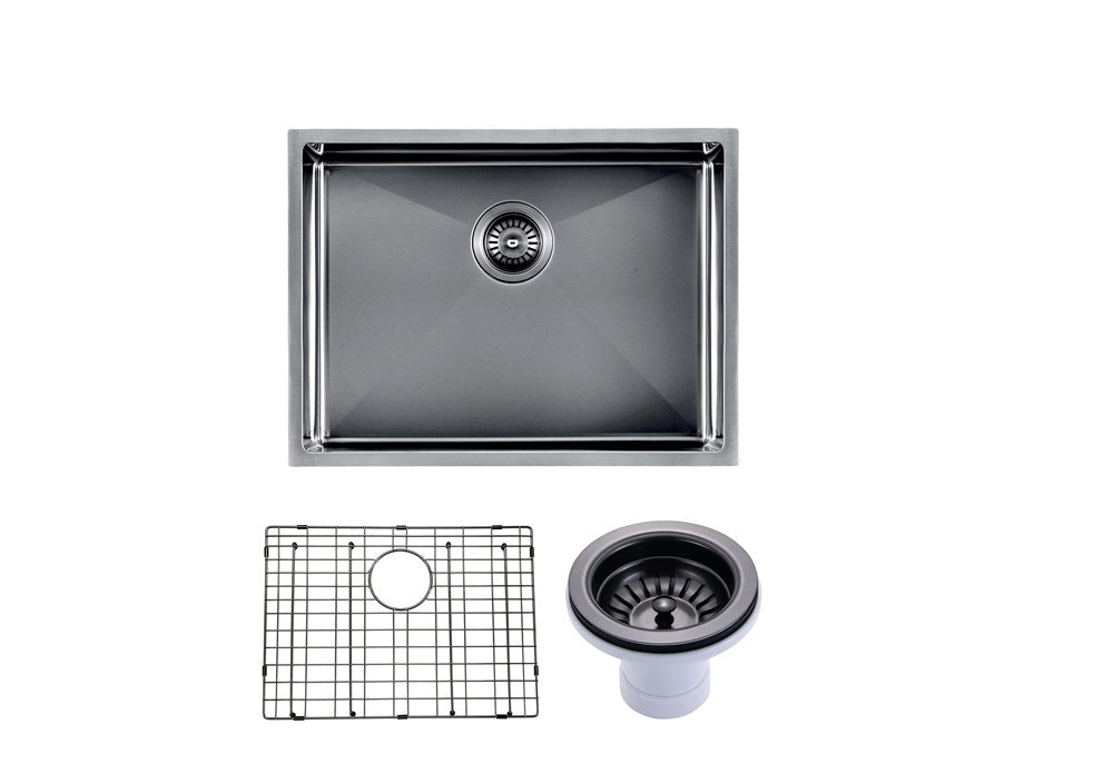 Round Corner Stainless Steel Gun Metal Grey PVD Coating Single Bowl Kitchen Sink(with Bottom Tray) 600*450*300mm