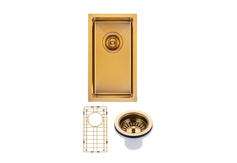 Round Corner Stainless Steel Brushed Brass PVD Coating Single Bowl Kitchen Sink(with Bottom Tray) 250*450*215mm