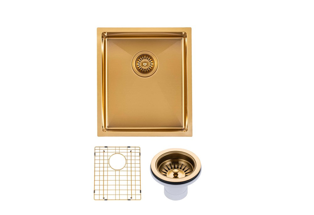 Round Corner Stainless Steel Brushed Brass PVD Coating Single Bowl Kitchen Sink(with Bottom Tray) 390*450*215mm