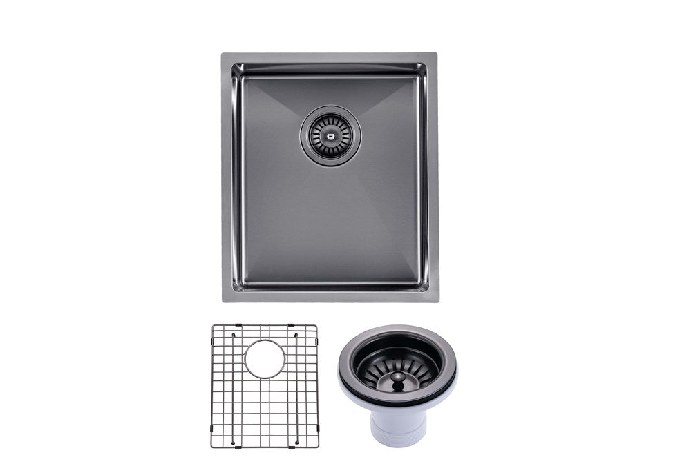 Round Corner Stainless Steel Gun Metal Grey PVD Coating Single Bowl Kitchen Sink(with Bottom Tray) 390*450*215mm