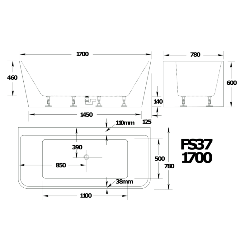 FS37 1700mm Gloss White/Black Rectangle 10 Jets Back to Wall Freestanding Spa Bathtub - Living and Bathroom
