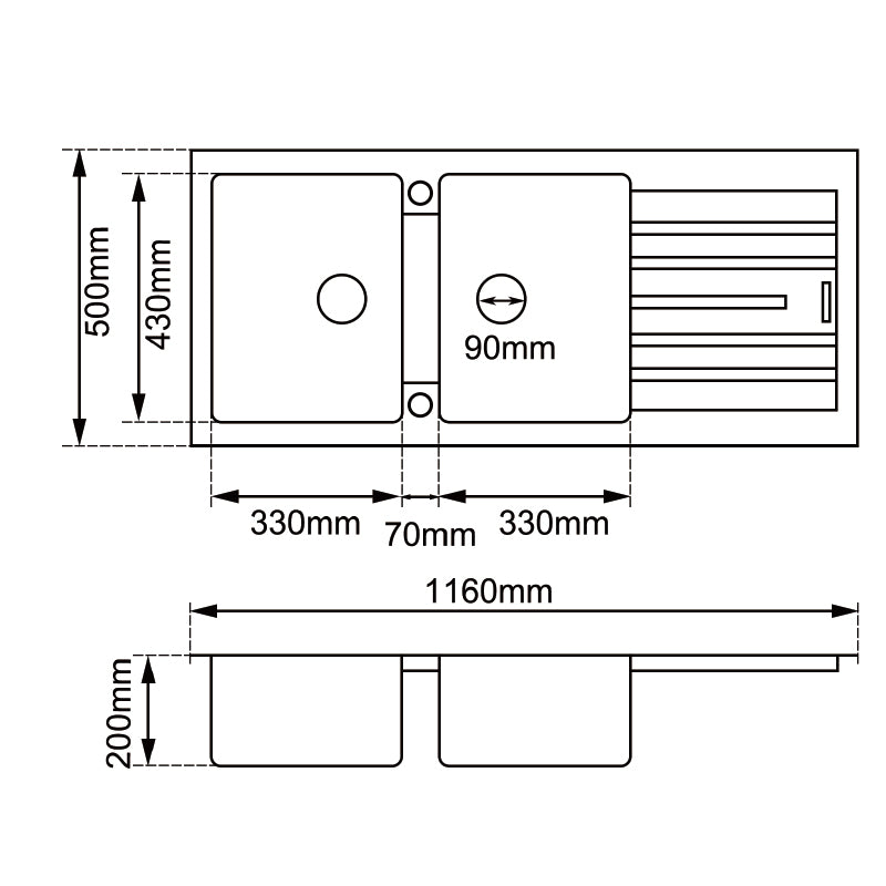 Black Arete Stone Granite Double Bowl with Drain Board Stone Kitchen Sink 1160*500*200mm