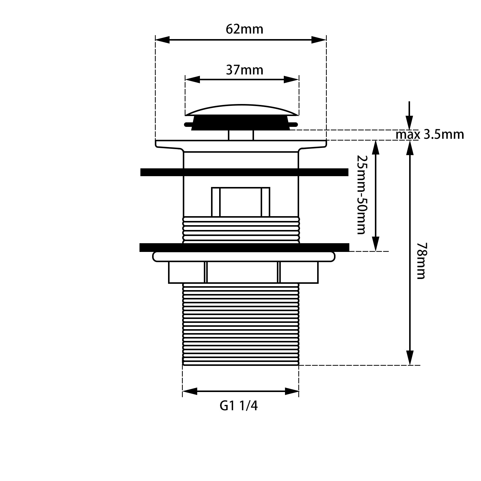 32/40mm Black Brass Basin Pop Up Waste with Overflow