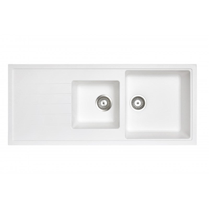 White Carysil Vivaldi D-200 Granite 1 and 1/2 Bowl with Drain Board Stone Kitchen Sink 1160*500mm