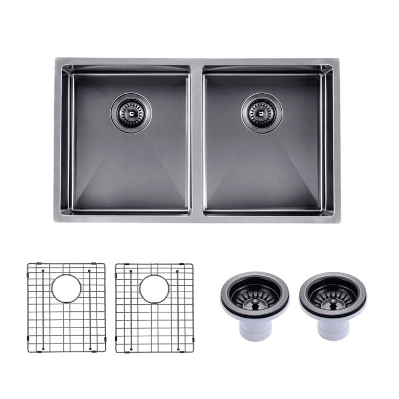 Round Corner Stainless Steel Gun Metal Grey PVD Coating Double Bowl Kitchen Sink(with Bottom Tray) 770*450*215mm
