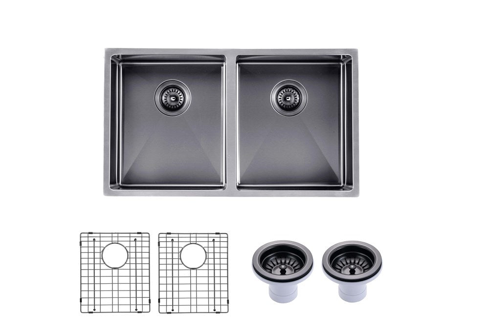 Round Corner Stainless Steel Gun Metal Grey PVD Coating Double Bowl Kitchen Sink(with Bottom Tray) 770*450*215mm