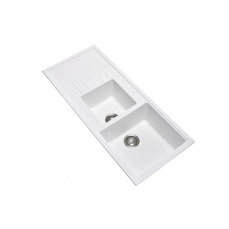 White Carysil Vivaldi D-200 Granite 1 and 1/2 Bowl with Drain Board Stone Kitchen Sink 1160*500mm