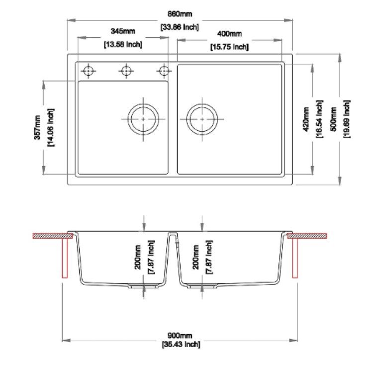 Concrete Grey Carysil Vivaldi N-200 Granite 1 and 3/4 Bowl Stone Kitchen Sink 860*500*200mm