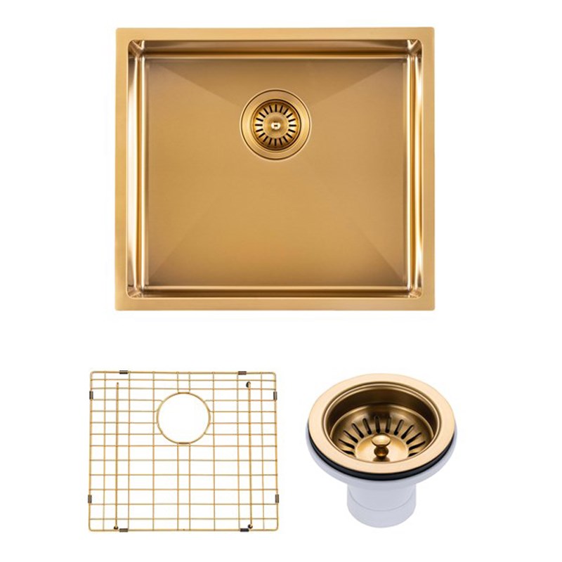 Round Corner Stainless Steel Brushed Brass PVD Coating Single Bowl Kitchen Sink(with Bottom Tray) 500*440*230mm