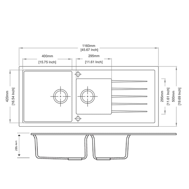 White Carysil Vivaldi D-200 Granite 1 and 1/2 Bowl with Drain Board Stone Kitchen Sink 1160*500mm